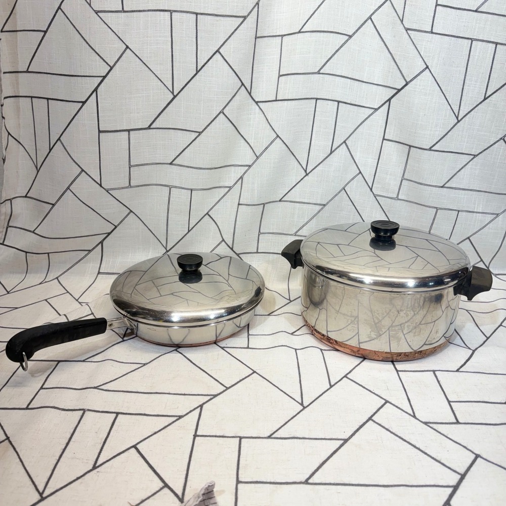 Revere Ware Copper‎ Bottom Cookware 6 Qt Pot 10 in Skillet Silver Vintage Set